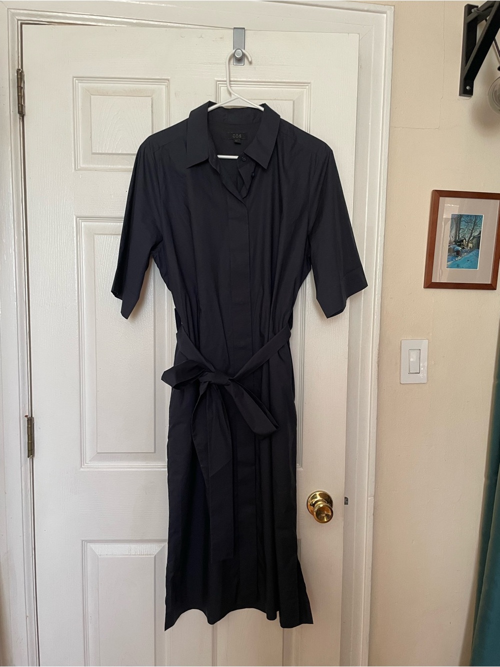 COS Navy Button-Front High-Low Shirt Dress with Waist Tie